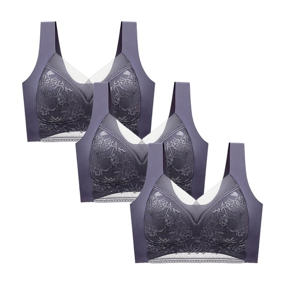 Yijfswar 3 Pack Plus Size Bras for Women V Neck No Underwire Push Up Lace Bralettes Seamless Soft Cup Wide Straps Everyday Tshirt Bra