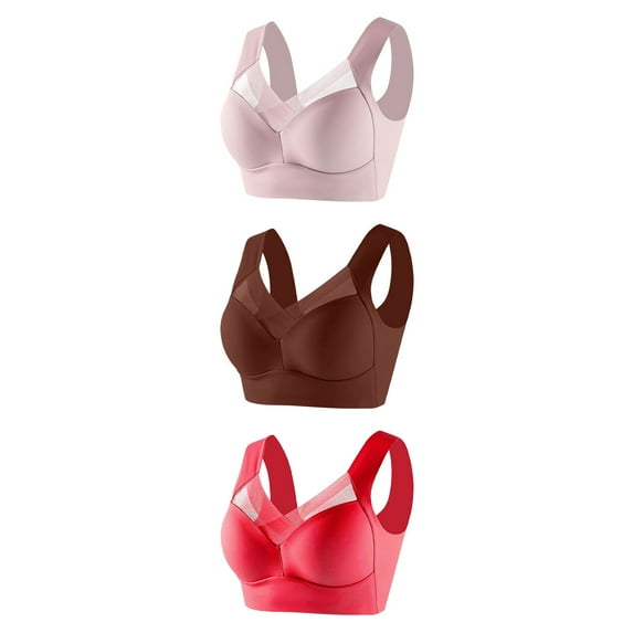 3-Pack Plus Size Bras for Women Wirefree Mesh High Impact Tank Top Bralette Full Coverage Comfy Push Up Running Sport Bra, Red, XXL