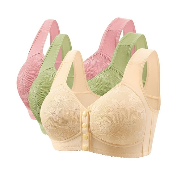 3 Pack Plus Size Bras for Women Wireless Bralettes with Wide Strap Comfortable V Neck Snap Closing Bras Push Up Bra Front Closure Bras for Everyday