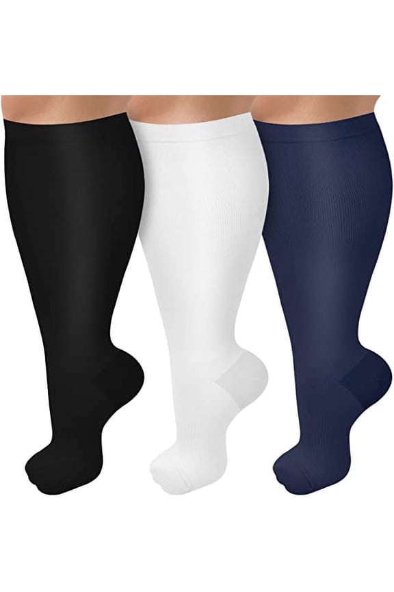 3 Pack Plus Size Compression Socks for Women & Men, 20-30 mmhg Extra Wide Calf Knee High Stockings for Circulation Support(XXL)
