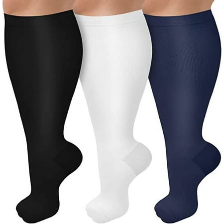 3 Pack Plus Size Compression Socks for Women & Men, 20-30 mmhg Extra Wide Calf Knee High Stockings for Circulation Support