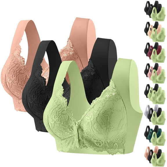 3-Pack Plus Size Front Closure Wireless Bra - Soft & Comfort Fit No Slip Design with Lace Trim for Everyday Wear