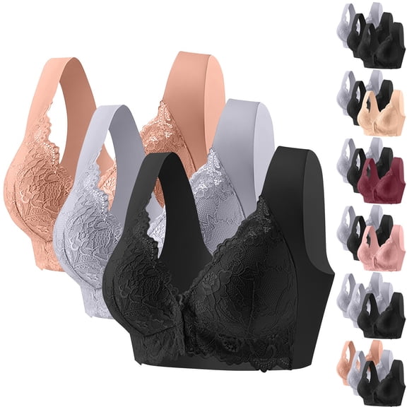 3-Pack Plus Size Front Closure Wireless Bra - Soft & Comfort Fit No Slip Design with Lace Trim for Everyday Wear