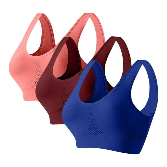 3 Pack Plus Size High Support Sports Bra for Women - Casual Women's Bra with Breathable Mesh and Removable Pads - Solid Color Wirefree Sports Bra for Running and Gym Workouts, Size S-5XL