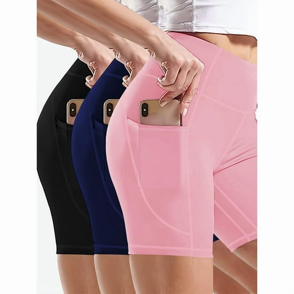 3 Pack Plus Size High-Waist Yoga Shorts for Women with Deep Pockets, Ideal for Fitness and Running