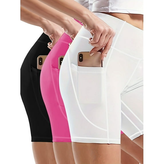 3 Pack Plus Size High-Waist Yoga Shorts for Women with Deep Pockets, Ideal for Fitness and Running