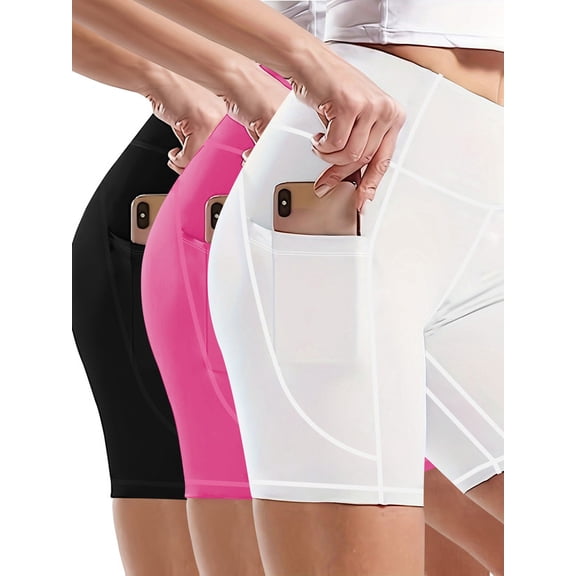 3 Pack Plus Size High-Waist Yoga Shorts for Women with Deep Pockets, Ideal for Fitness and Running