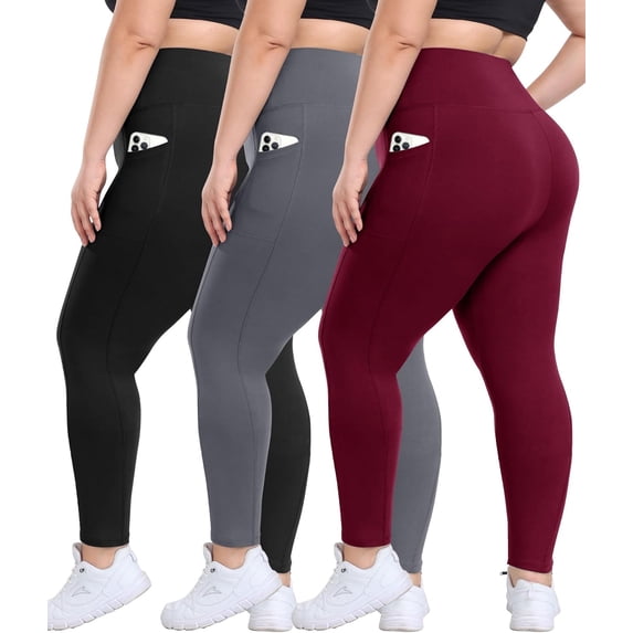 3 Pack Plus Size Leggings with Pockets for Women - High Waisted Tummy Cool Soft Black Workout Yoga Pants