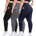 thumbnail image 1 of 3 Pack Plus Size Leggings with Pockets for Women - High Waisted Tummy Cool Soft Black Workout Yoga Pants, 1 of 5