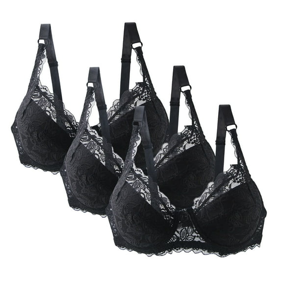 3 Pack Plus Size Push Up Bras for Women Lace Bralettes V Neck Underwire Bra with Adjustable Straps for Everyday T-Shirt Bra