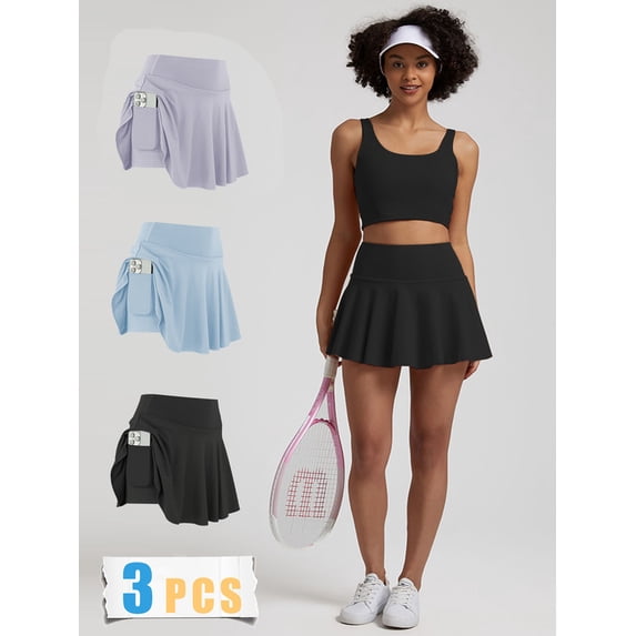 3 Pack Plus Size Women's Pleated Tennis Skirt with Pockets, High Waist Golf Skirt for Fitness & Pickleball