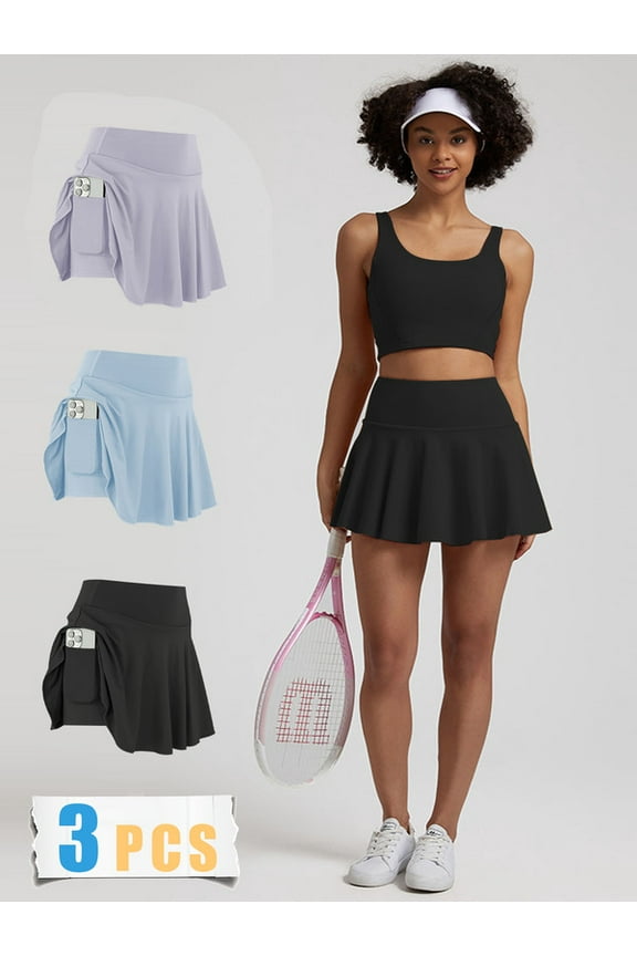 3 Pack Plus Size Women's Pleated Tennis Skirt with Pockets, High Waist Golf Skirt for Fitness & Pickleball