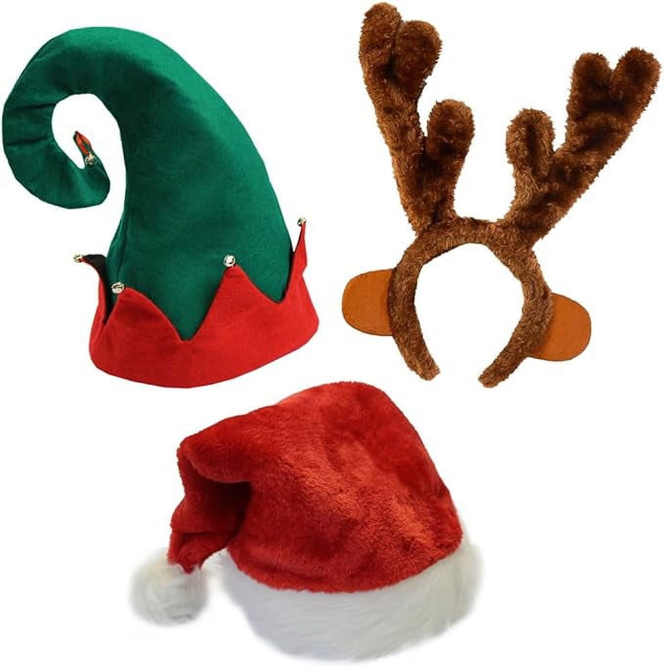 3 Pack - Plush Christmas Holiday Dress Up Hats- Christmas Hats - Tree Hat - Santa Hat - Elf Hat By Funny Party Hats