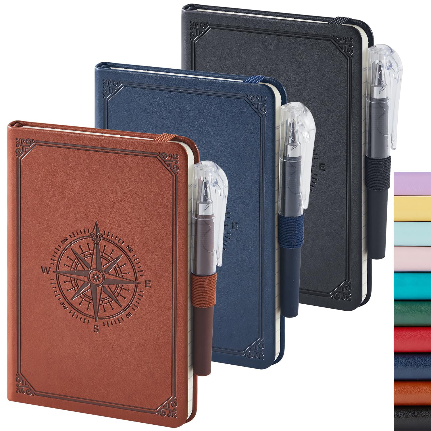 (3 Pack) Pocket Notebook Small Journal For Men Women  3.7" X 5.7" A6 Mini With Pen 100gsm Lined Paper Hardcover Notepad Work Writing Note Taking School Supplies
