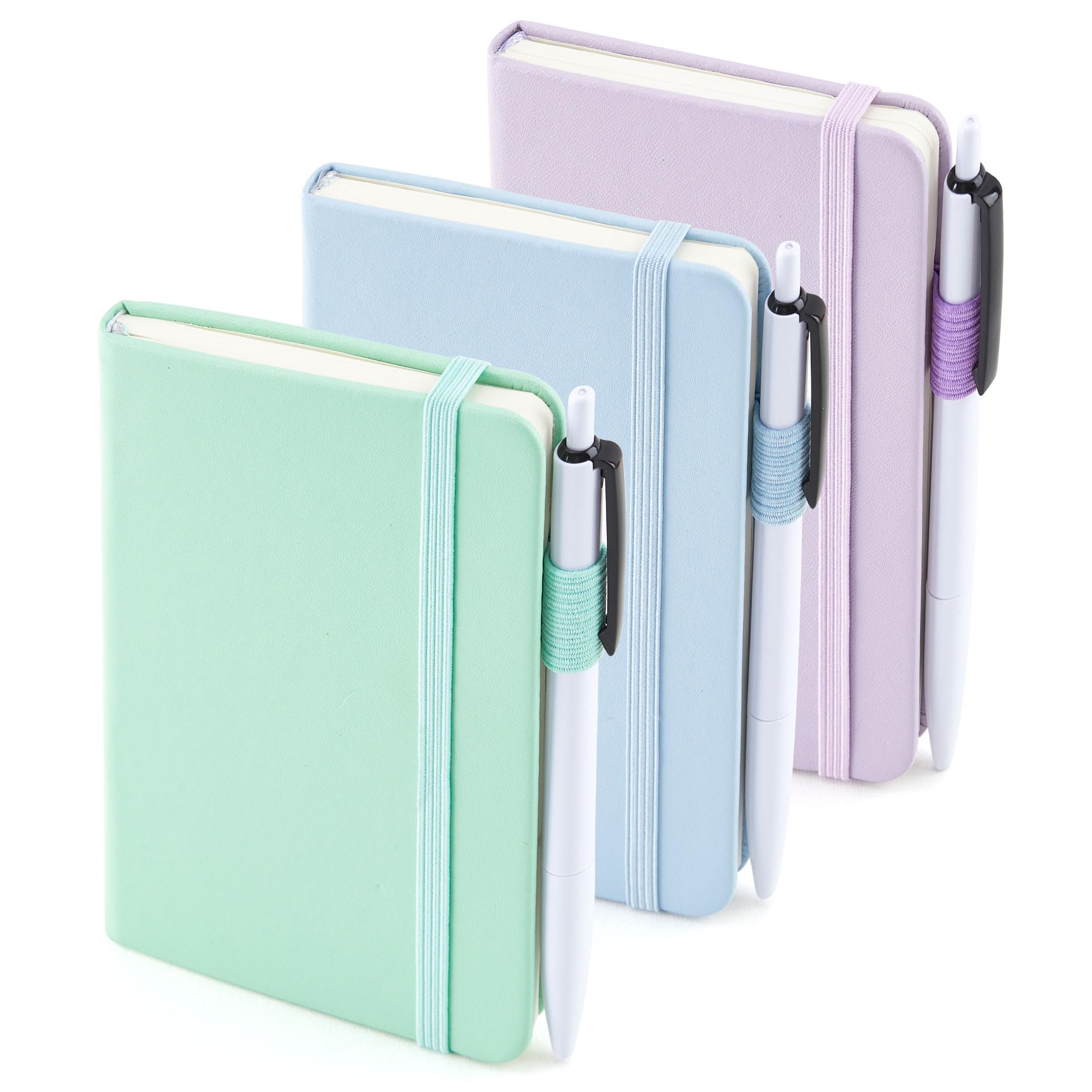 3 Pack Pocket Small Notebook Journals  Mini Cute Hardcover College Ruled Notepad Women Office Supplies With 3 Black Pens 3.5"x 5.5" A6 Pastel Colors Light Blue Purple Green