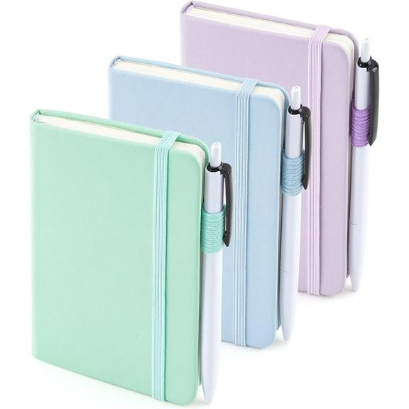 3 Pack Pocket Small Notebook Journals, Mini Cute Hardcover College Ruled Notepad Women Office Supplies, with 3 Black Pens, 3.5x 5.5, A6, Pastel Colors, Light Blue, Light Purple, Light Green
