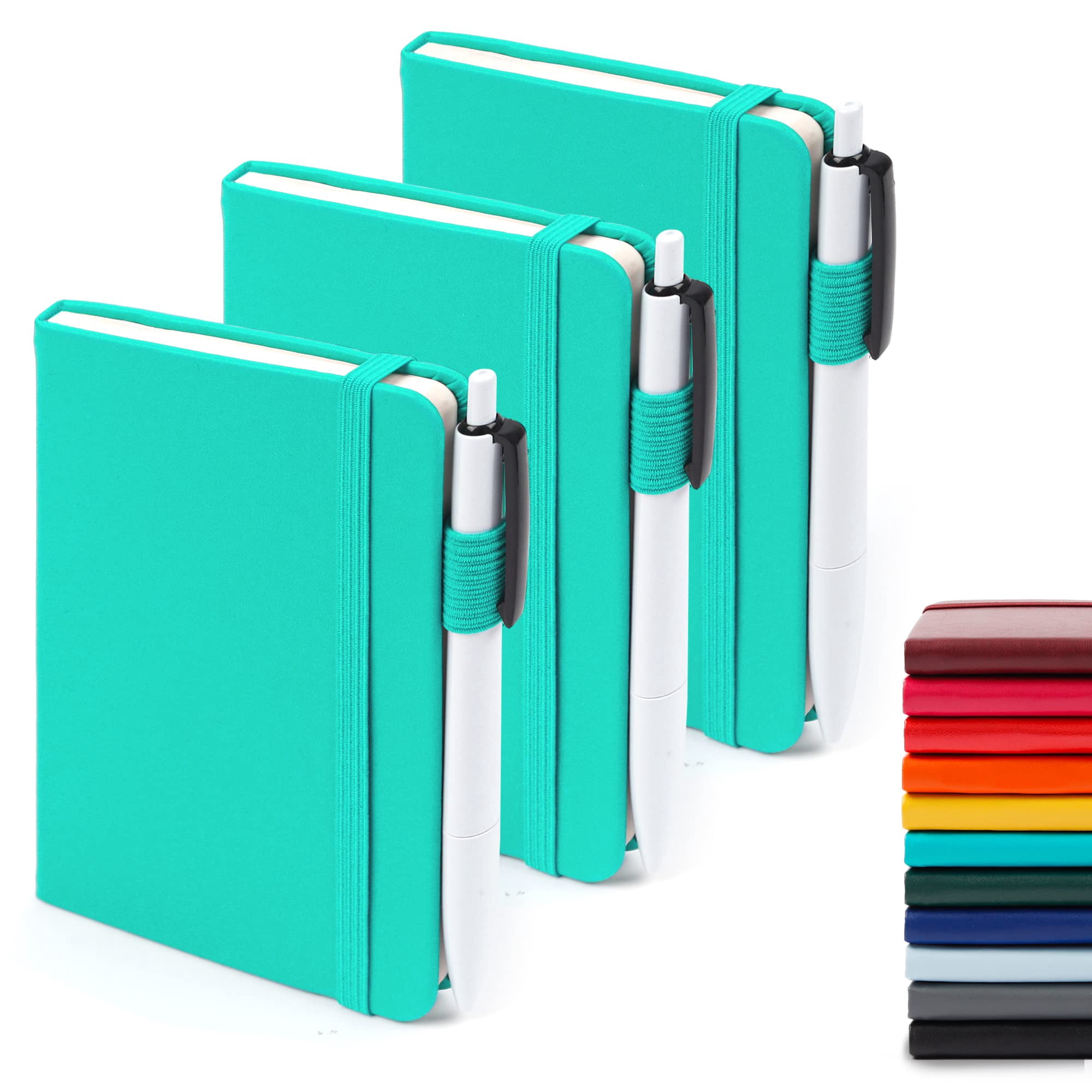 3 Pack Pocket Small Notebook Journals  Mini Cute Memo Notepad Hardcover College Ruled Lined With Pen Holder For Women Office School 3 Black Pens 3.5"x 5.5" A6 Aqua