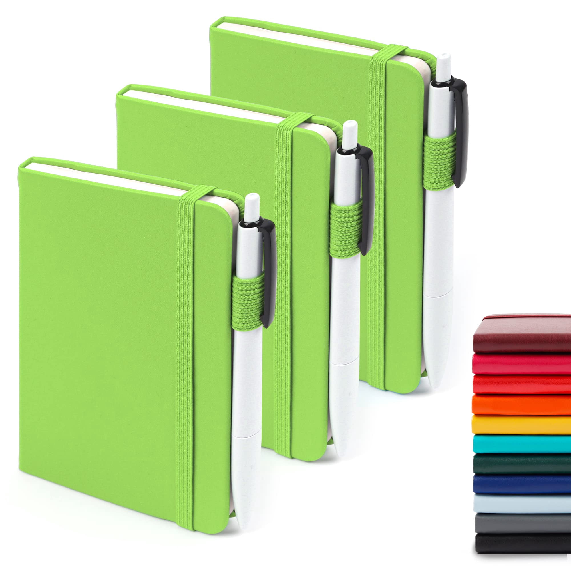 3 Pack Pocket Small Notebook Journals  Mini Cute Memo Notepad Hardcover College Ruled Lined With Pen Holder For Women Office School 3 Black Pens 3.5"x 5.5" A6 Green