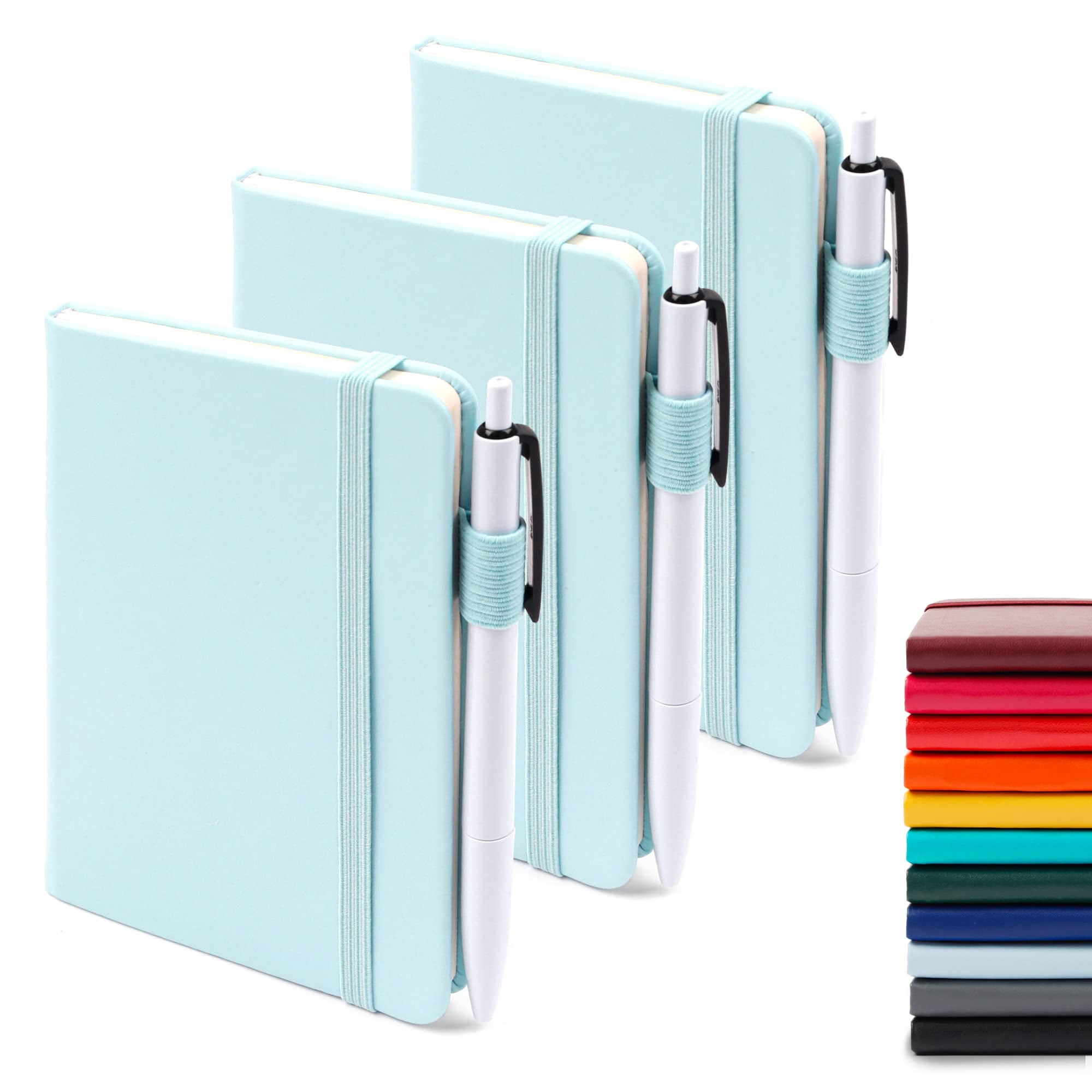 3 Pack Pocket Small Notebook Journals  Mini Cute Memo Notepad Hardcover College Ruled Lined With Pen Holder For Women Office School 3 Black Pens 3.5"x 5.5" A6 Sky Blue