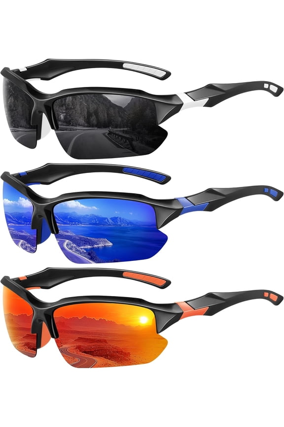 3 Pack Polarized Sports Sunglasses for Men, UV Protection Half Frame Sunglasses Comfortable for Running Cycling Driving