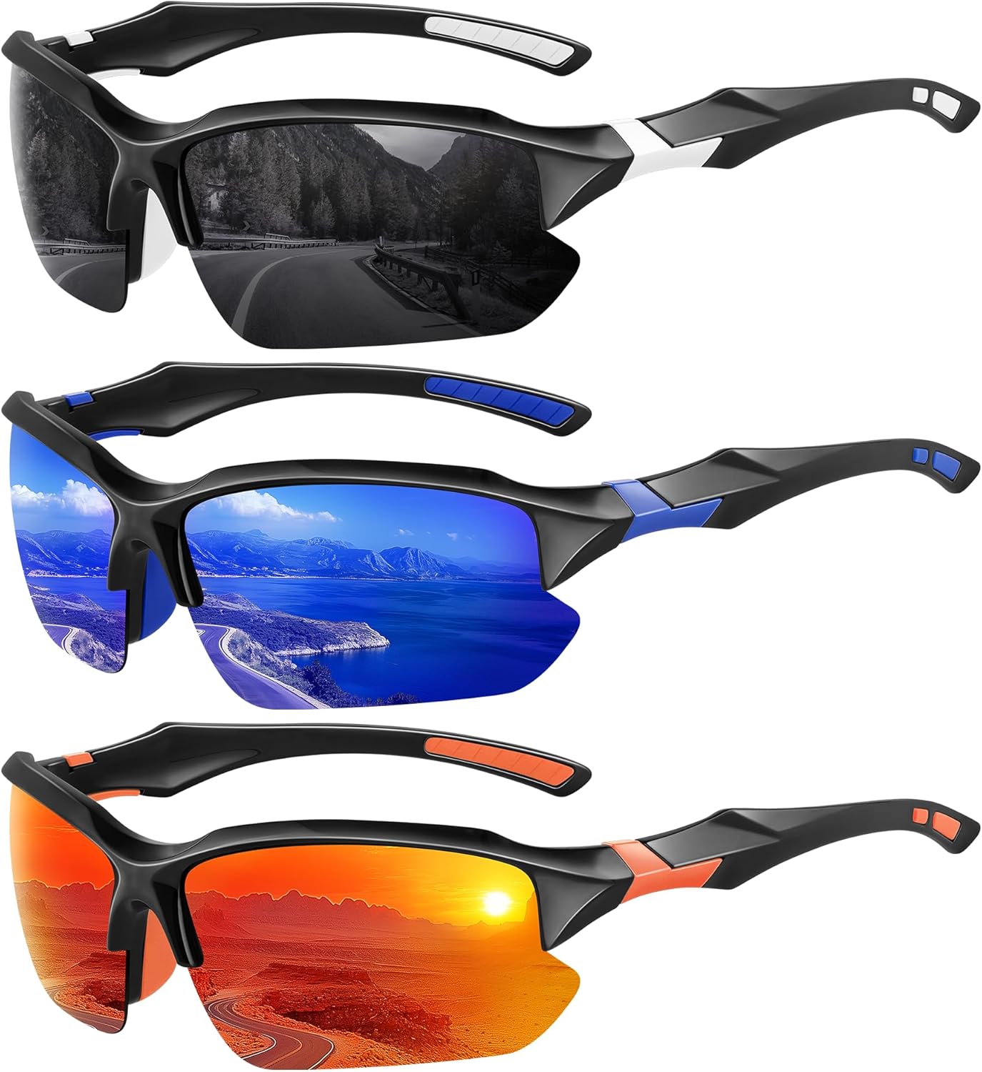 3 Pack Polarized Sports Sunglasses For Men UV Protection Half Frame 