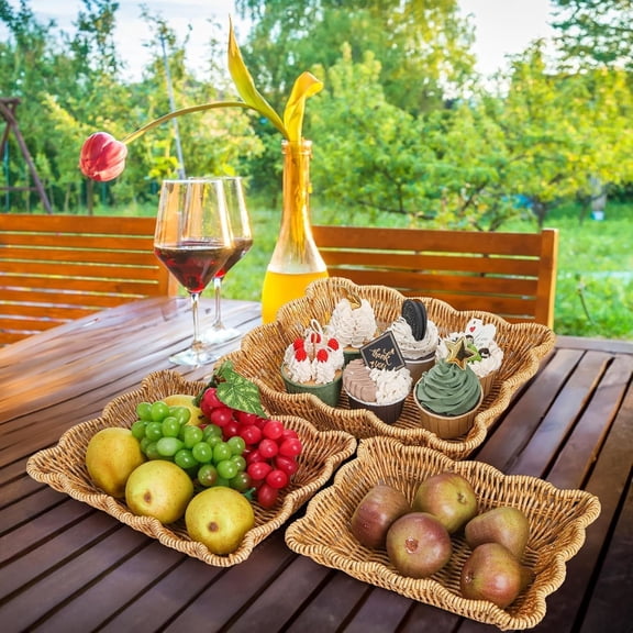 3 Pack Poly Wicker Bread Baskets, Imitation Rattan Fruit Baskets, Rectangular Tabletop Woven Serving Baskets Trays for Fruits Vegetables and Snacks, Restaurant Hotel Kitchen