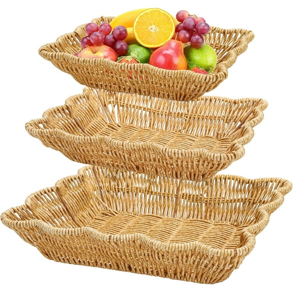 3 Pack Poly Wicker Bread Baskets, Imitation Rattan Fruit Baskets, Rectangular Tabletop Woven Serving Baskets Trays for Fruits Vegetables and Snacks, Restaurant Hotel Kitchen
