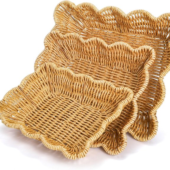 3 Pack Poly Wicker Bread Baskets, Imitation Rattan Fruit Baskets, Rectangular Tabletop Woven Serving Baskets Trays for Fruits Vegetables and Snacks, Restaurant Hotel Kitchen