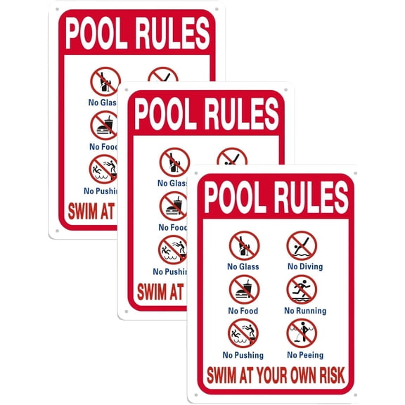 3 Pack Pool Rules No Diving No Running No Food No Glass Swim At Your Own Risk Sign,Swimming Pools Decor 8"x12" Aluminum Sign