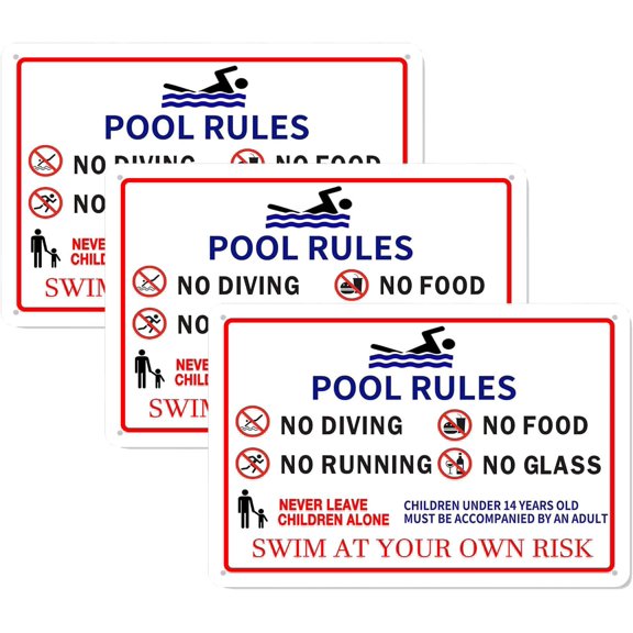 3 Pack Pool Rules Sign - Swim At Your Own Risk, Pool Decorations Outdoor Pool Decor 8"x12" Aluminum Sign