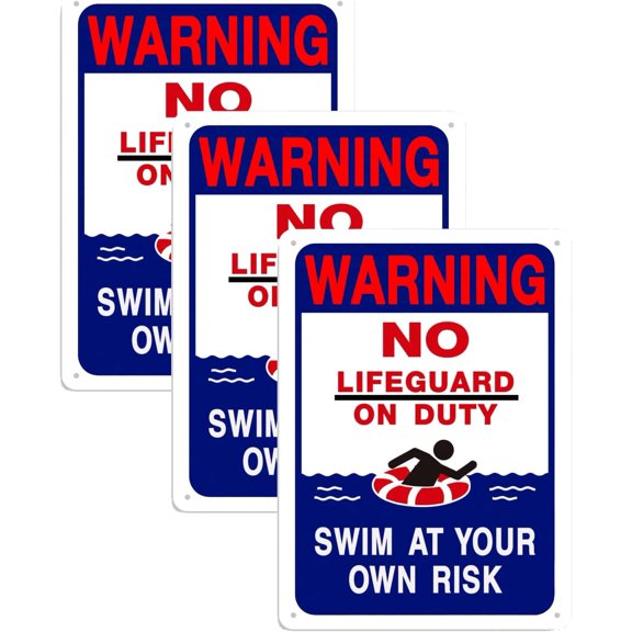 3 Pack Pool Rules Sign Warning Swim At Your Own Risk,No Lifeguard on Duty Outdoor Pool Decor 8"x12" Aluminum Sign