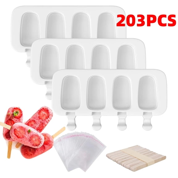 3 Pack Popsicle Molds with 100 Wooden Sticks & 100 Self-adhesive Bags, 4 Cavities Silicone Popsicle Molds & Ice Cake Pop Mold Maker Oval for DIY Cake and Ice Cream