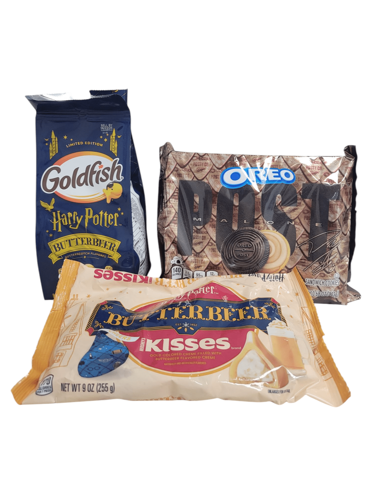 3 Pack - Post Malone Oreo Cookies (10.68oz), Harry Potter Butterbeer Kisses (9oz), and Harry Potter Butterbeer Goldfish (6.1oz)
