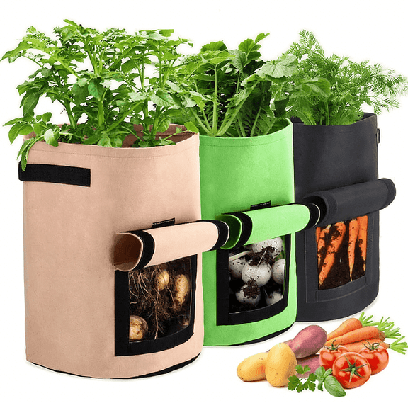 3-pack 10 Gallon Potato Grow Bags with Lids, Breathable and Durable for Indoor/Outdoor Use, Fabric Grow Boxes for Potatoes, Tomatoes and Vegetables
