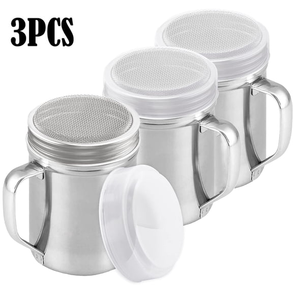 3 pack Powdered Sugar Shaker Duster with Lid, Cinnamon Shaker Flour Sifter, Fine Mesh Stainless Steel Dredge for Baking Soda Flour Cinnamon Cocoa