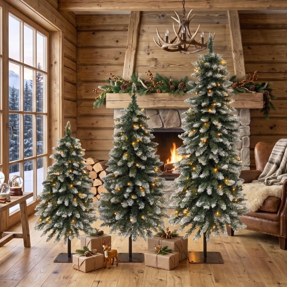 3-Pack Pre-Lit Snow Tipped Pencil Christmas Tree Set, 3FT/4FT/5FT Slim Artificial Christmas Trees with Warm LED Lights, Multiple Lighting Modes and Metal Flat Bases for Porch,Holiday Home, White