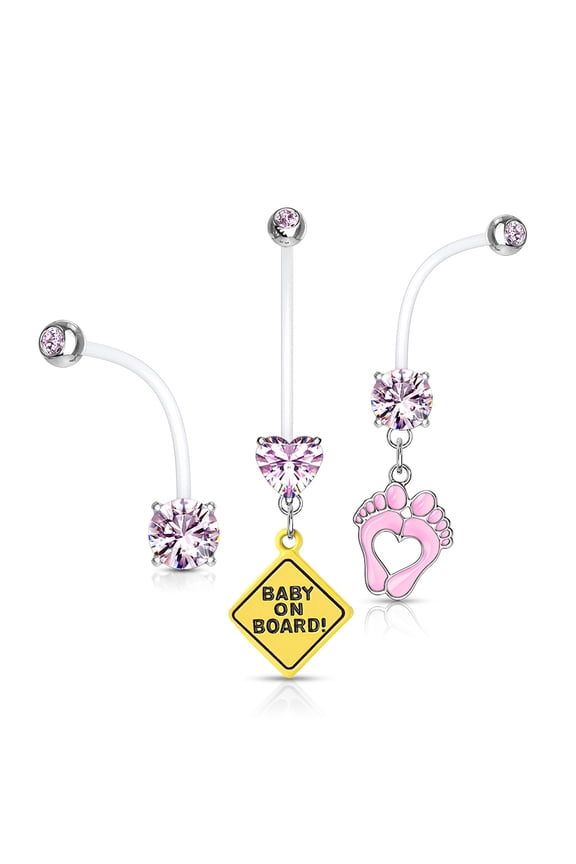 3 Pack Pregnancy Belly Rings CZ Bioflex Surgical Steel Pregnant Navel Naval Set Pink