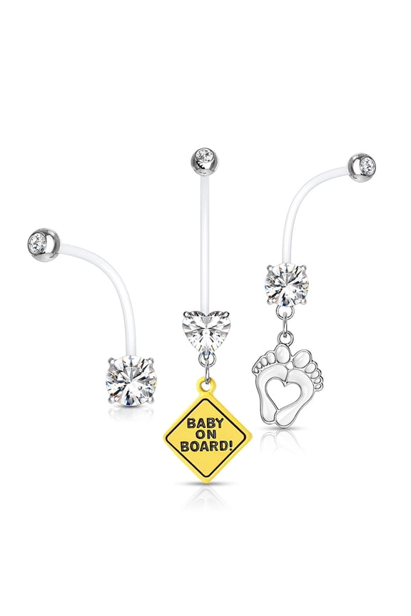 3 Pack Pregnancy Belly Rings CZ Bioflex Surgical Steel Pregnant Navel Naval Set White