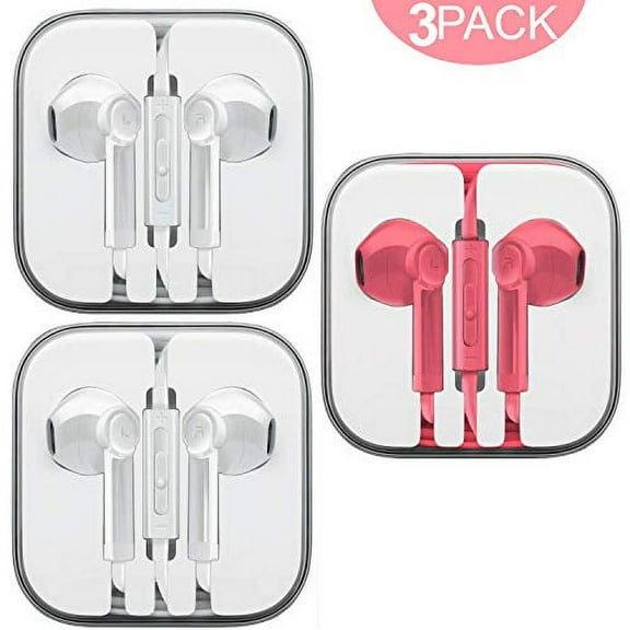 3-Pack Premium Earphones/Earbuds/Headphones with Stereo Mic&Remote Control Compatible with iPhone iPad iPod Samsung Galaxy & More Android Smartphones, PC, 3.5 mm Headphone Audio Jack - White/Pink