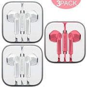 3-Pack Premium Earphones/Earbuds/Headphones with Stereo Mic&Remote Control Compatible with iPhone iPad iPod Samsung Galaxy & More Android Smartphones, PC, 3.5 mm Headphone Audio Jack - White/Pink