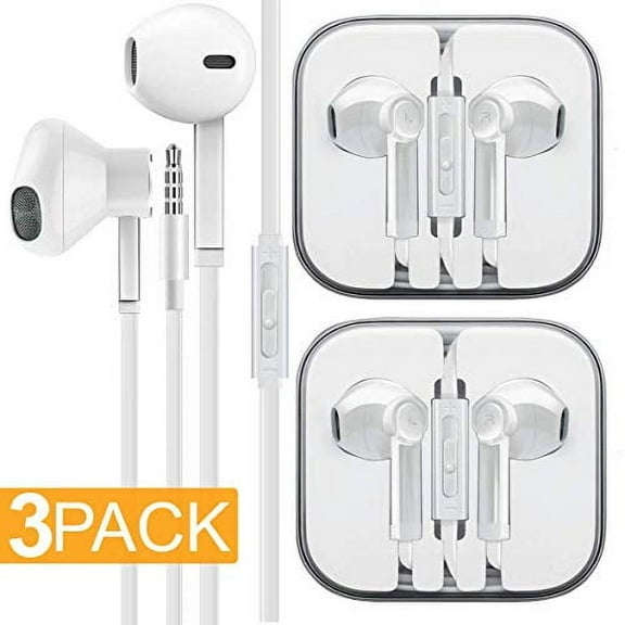 3-Pack Premium Earphones/Earbuds/Headphones with Stereo Mic&Remote Control Compatible for iPhone iPad iPod Samsung Galaxy and More Nexus Android Smartphones - White