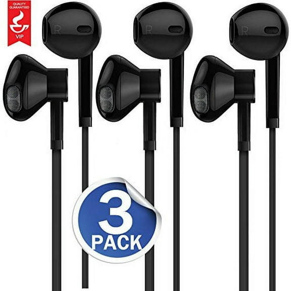 3-Pack Premium Earphones/Earbuds/Headphones with Stereo Mic&Remote Control for iPhone iPad iPod Samsung Galaxy and More Android Smartphones Compatible with 3.5 mm Headphone Audio Jack - Black
