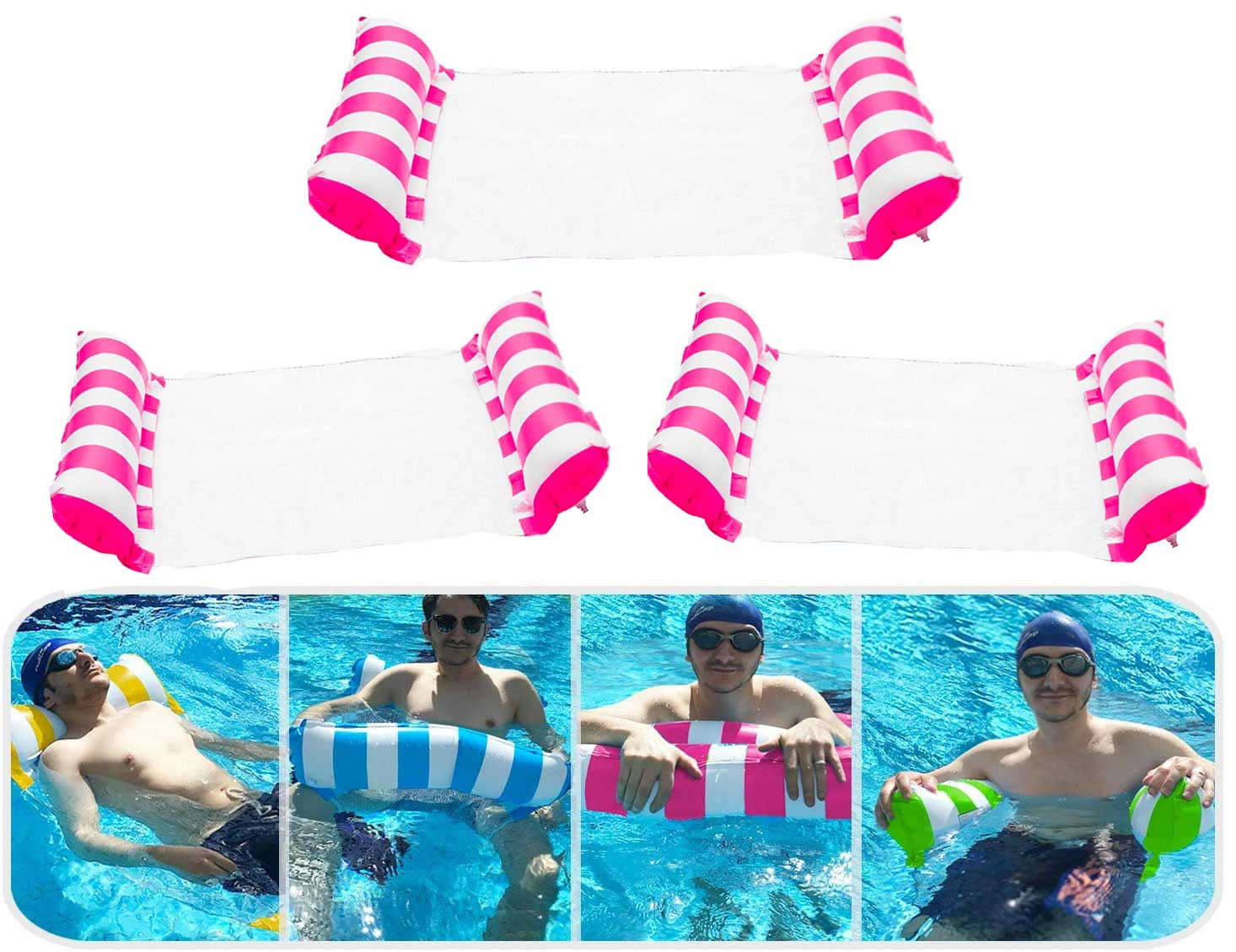 3 Pack Premium Inflatable Aqua Portable Summer Water Hammock Bed, Chair