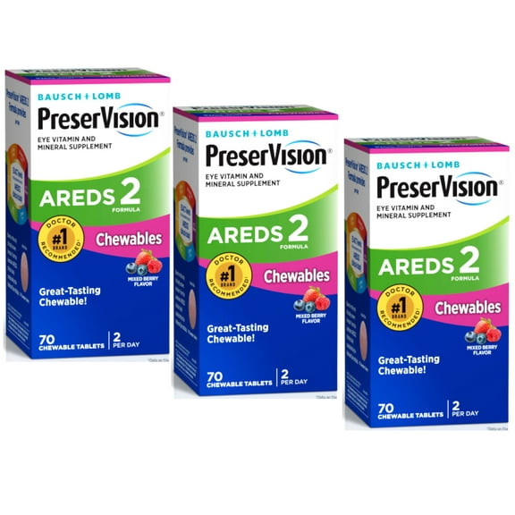 3 Pack - PreserVision AREDS 2 Formula Eye Vitamin and Mineral Supplement with Lutein & Zeaxanthin, Mixed Berry Flavor, 70 Chewable Tablets