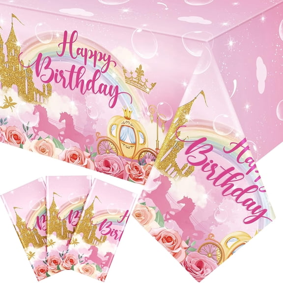 3 Pack Princess Party Tablecloth Disposable Plastic Table Covers 108 x 54 Inch Unicorn Castle Rose Design for Birthday Party Decorations