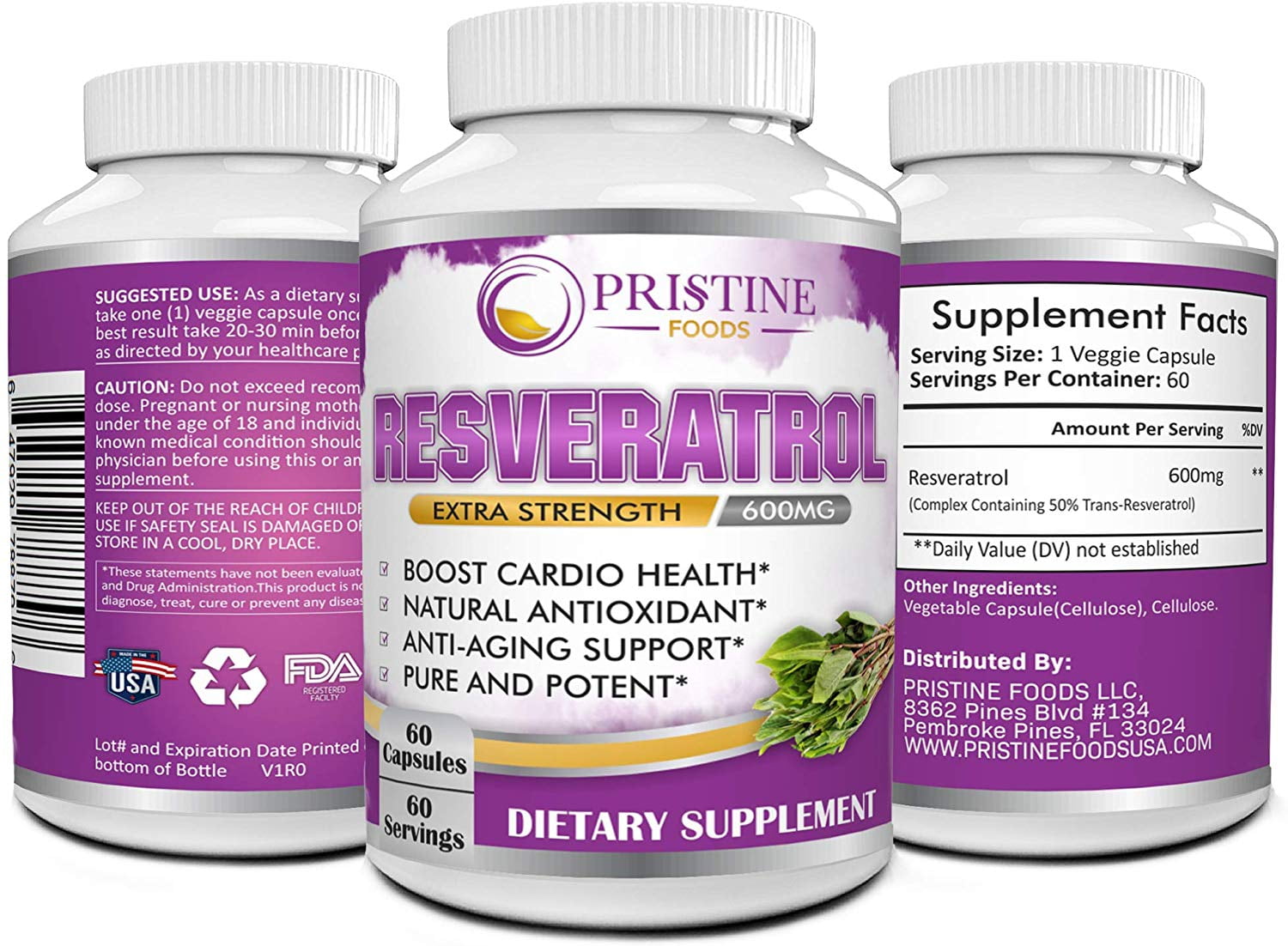 3 Pack Pristine Extra Strength Resveratrol Supplement 600mg TransResveratrol for AntiAging