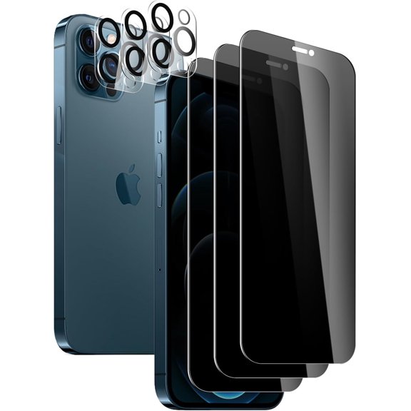 3 Pack Privacy Screen Protector for iPhone 12 Pro Max with 3 Pack Camera Lens Protector, 9H Hardness Double Shatterproof Anti-Spy Tempered Glass Film, Easy Installation