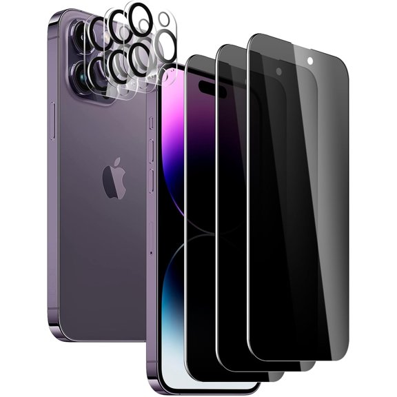 3 Pack Privacy Screen Protector for iPhone 14 Pro with 3 Pack Camera Lens Protector, 9H Hardness Double Shatterproof Anti-Spy Tempered Glass Film, Easy Installation