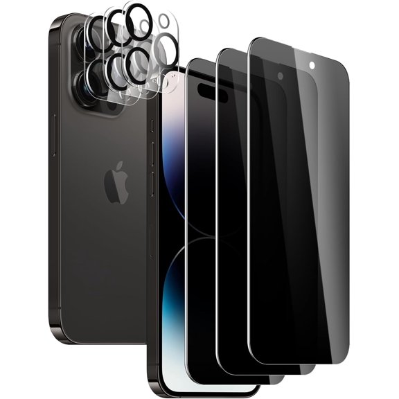3 Pack Privacy Screen Protector for iPhone 14 Pro Max with 3 Pack Camera Lens Protector, 9H Hardness Double Shatterproof Anti-Spy Tempered Glass Film, Easy Installation