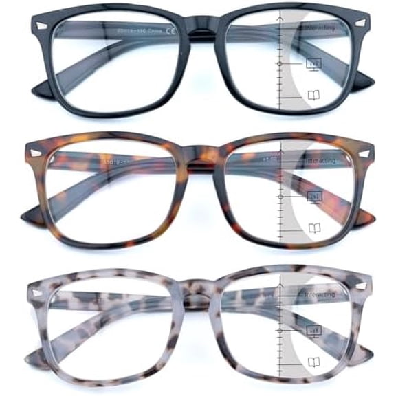 3 Pack Progressive Multifocus Reading Glasses for Women Men Multifocal Readers PC Frame Fixed Hinge Eyewear, +2.00